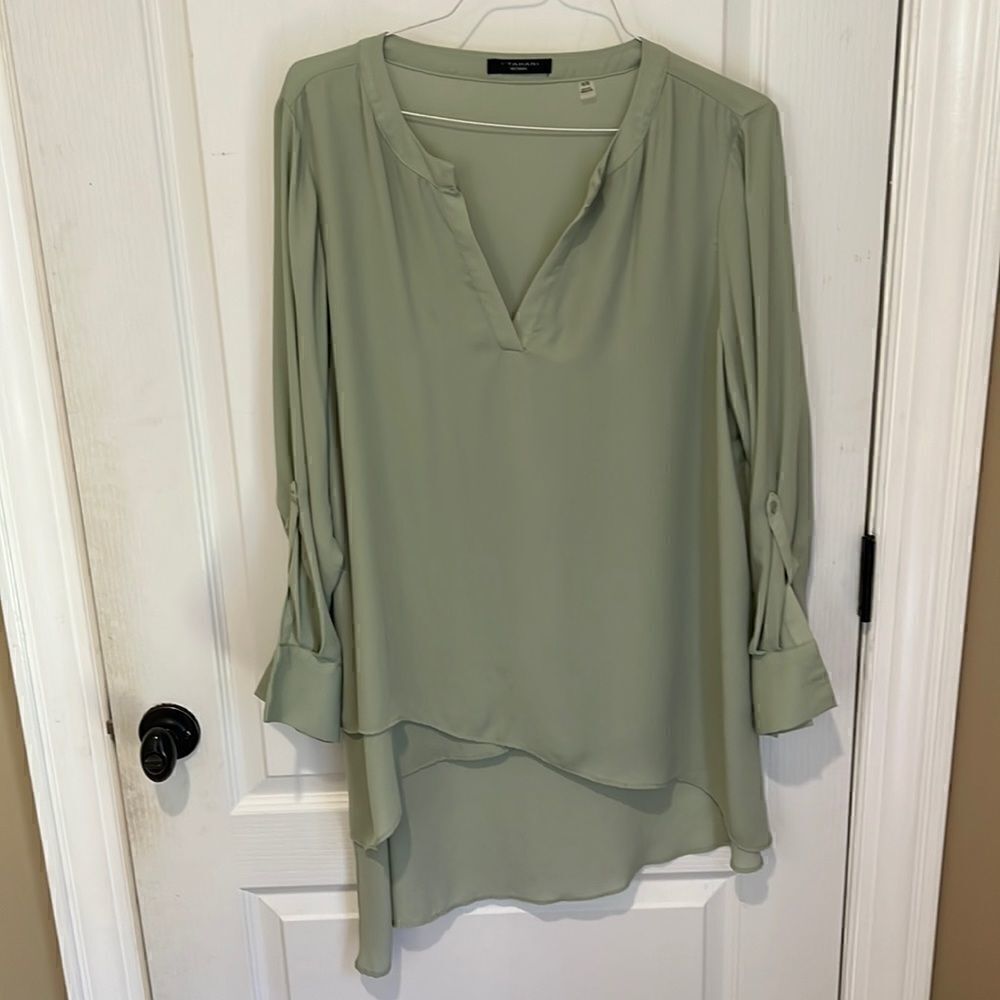 Tahari extra long age green blouse with tiered front detail